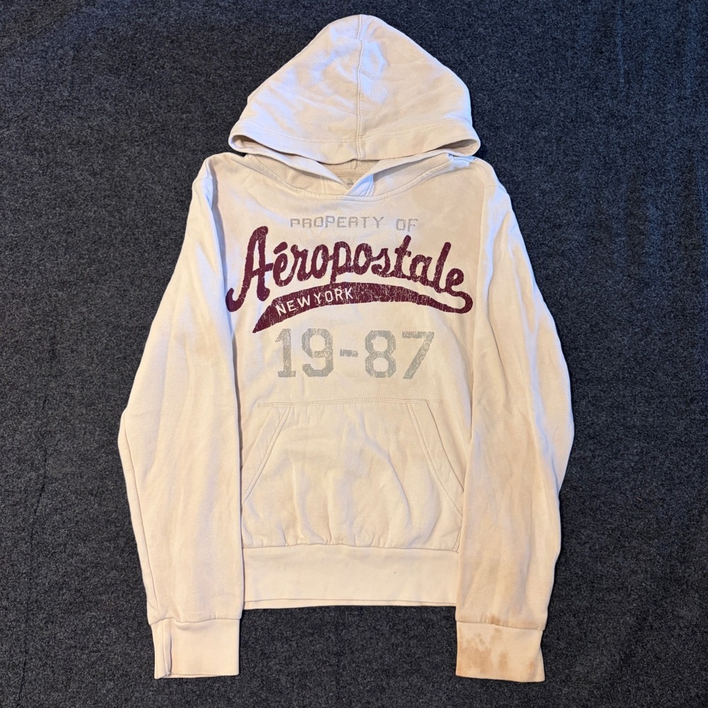 Aeropostale Womens Hoodie Cream Graphic Pullover New York 1987 Small S/P